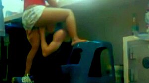 While working, boss's son licks and fucks latina girlfriend in homemade scene with spitting and swallowing