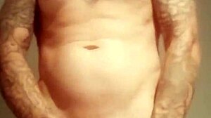 Amateur bathes naked with big cock in public