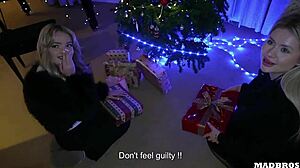 two beautiful christmas mommies get blonde asses fucked anal under the tree and dp on piano