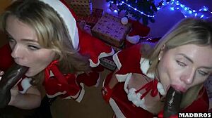 two beautiful christmas mommies get blonde asses fucked anal under the tree and dp on piano