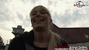 german street casting with a blonde slut masturbating to orgasm.