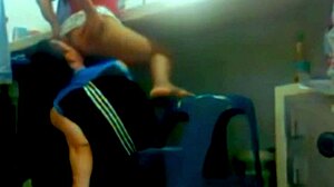 While working, boss's son licks and fucks latina girlfriend in homemade scene with spitting and swallowing