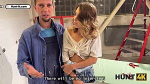 Teen uses tight shaved pussy at work.