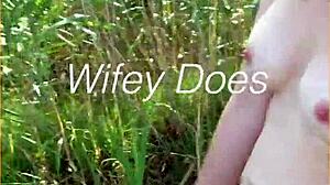 young wife takes her first nude walk, flashing her shaved pussy and big tits