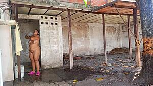 stepmother catches me watching her shower outdoors, then we have doggystyle sex with creampie