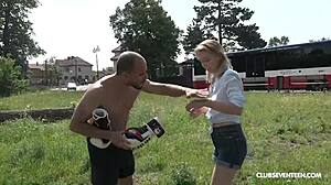 Don't hit below the belt, she says during public blowjob