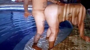 Stepsister gets fucked outdoors in public pool at night.