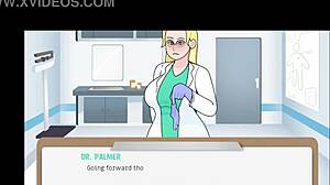 The doctor examines the milf patient in the hospital, focusing on her tits in a cartoon style.