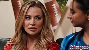 Steamy foursome with sexy ladies nicole doshi hailey rose and ameena green and blake blossom while watching a football game