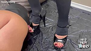 Mistress pisses in her slaves mouth and makes him lick her pussy ass and feet