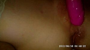 Blonde woman uses dildo for first time and cums