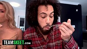 Thanksgiving Lunch Turns into Intense Foursome with Three Girls Sharing One Cock.