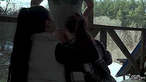 Public threesome blowjob