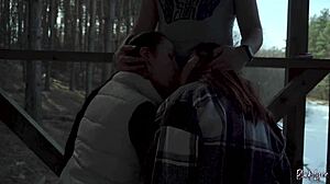 Public threesome blowjob