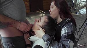 Public threesome blowjob