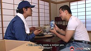 Moaning brunette blows